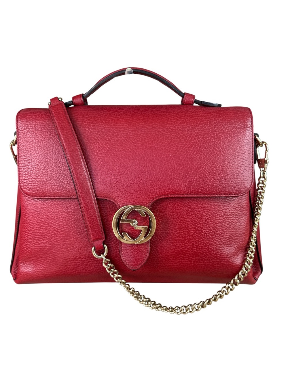 Gucci Red Leather Top-Handle Satchel with Gold Chain